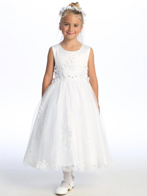 Girls White Embroidered Tulle Corset Sides Satin Communion Dress 6-12